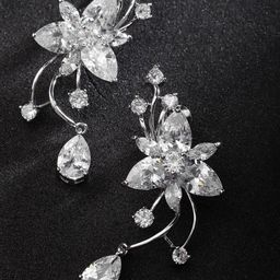 Carlton London Silver-Toned Rhodium-Plated CZ Stone-Studded Floral Drop Earrings-29