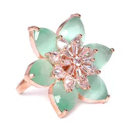 JEWELS GEHNA Sea Green Rose Gold-Plated AD-Studded Handcrafted Adjustable Floral Ring-24
