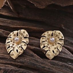 Jewels Galaxy Gold-Plated Stone-Studded Leaf Shaped Studs-image-15