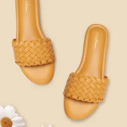 Mast & Harbour Women Mustard Yellow Basketweave Open Toe Flats-22
