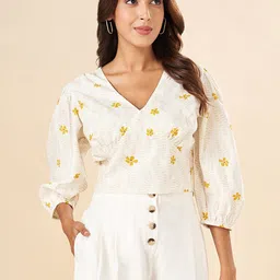 AKKRITI BY PANTALOONS Print Puff Sleeve Cotton Wrap Top-image-80