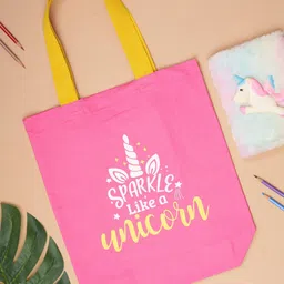 Doodle Unicorn Typography Printed Cotton Structured Tote Bag-12
