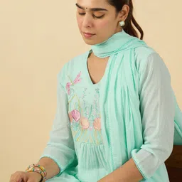 Indo Era Women Floral Embroidered Cotton Kurta with Trousers & Dupatta-image-90