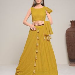 Fusionic Mustard Embroidered Semi-Stitched Lehenga & Unstitched Blouse With Dupatta-picture-39