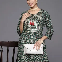 Varanga Women Ethnic Motifs Printed Tie-Up Neck Gotta Patti Pure Cotton Kurta-12