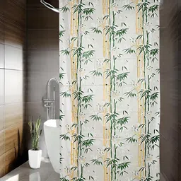 CASA-NEST White & Green 9 Pcs  Floral Bamboo Printed Waterproof Shower Curtain With Hooks-15