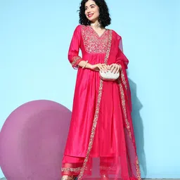 Indo Era Women Fuchsia Ethnic Motifs Embroidered Kurta with Palazzos & With Dupatta-picture-6