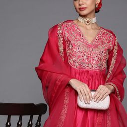 Indo Era Women Pink & Gold Yoke Embroidered Sequinned A-Line Kurta Palazzos Dupatta-image-59
