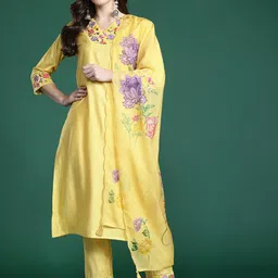 Indo Era Floral Embroidered Thread Work Liva Kurta with Trousers & With Dupatta-25