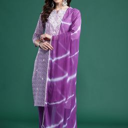 Indo Era Leheriya Printed Thread Work Pure Cotton Kurta With Trousers & Dupatta-37