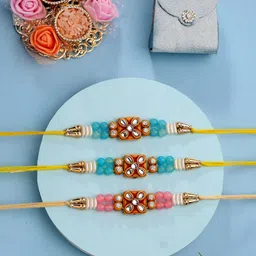 ADIVA Pack Of 3 Kundan-Studded & Beaded Thread Rakhi With Pooja Thali & Roli Chawal Bag-picture-38