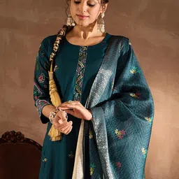 Anouk Floral Embroidered Straight Thread Work Kurta With Trouser & Dupatta-26