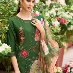 Anouk Floral Embroidered Straight Thread Work Kurta With Trouser & Dupatta-12
