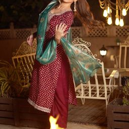 Libas Bandhani Embroidered Sequinned Straight Kurta With Trouser & Dupatta-1