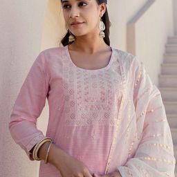 KALINI Floral Embroidered Round Neck Straight Kurta With Trousers & Dupatta-picture-32