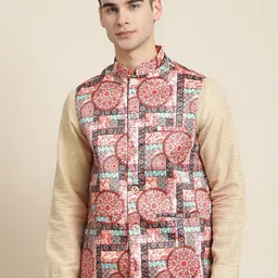 Sojanya Men Off-White and Coral Red Ethnic Motifs Printed Nehru Jacket-32