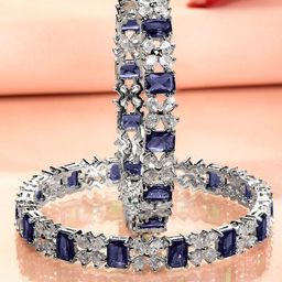 Rubans Set of 2 Rhodium-Plated Blue Sapphire & Cubic Zirconia Studded Handcrafted Bangles-17