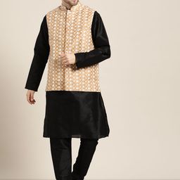 SOJANYA Men Black & Beige Ethnic Embroidered Thread Work Kurta Set with Nehru Jacket-12