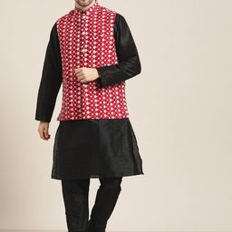 SOJANYA Men Black  & Maroon Kurta with Churidar & Embroidered Nehru Jacket-50