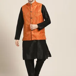 SOJANYA Men Black & Orange Ethnic Motifs Kurta Set With Nehru Jacket-picture-27
