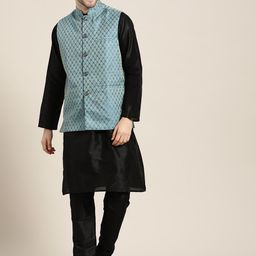 SOJANYA Men Black & Blue Ethnic Motifs Kurta Set with Nehru Jacket-picture-26
