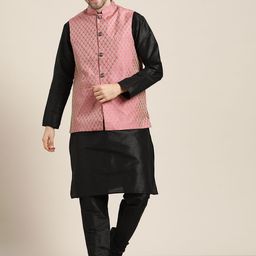 SOJANYA Men Black Kurta with Churidar & Nehru Jacket-picture-31
