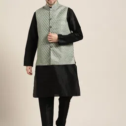 SOJANYA Men Black & Green Solid Kurta with Churidar & Woven Design Nehru Jacket-picture-7