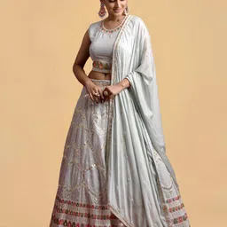 Fusionic Grey & Pink Embroidered Semi-Stitched Lehenga & Unstitched Blouse With Dupatta-image-25