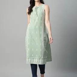 HERE&NOW Women Sea Green & White Ethnic Motifs Printed Tie-Up Neck Kurta-picture-26
