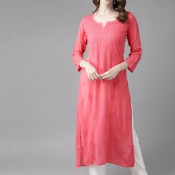 ADA Women Pink Ethnic Motifs Embroidered Chikankari Georgette Handloom Kurta-picture-22