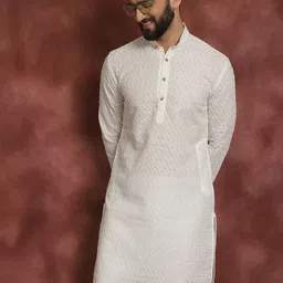 SOJANYA Men Cream-Coloured Embroidered Straight Kurta-picture-6