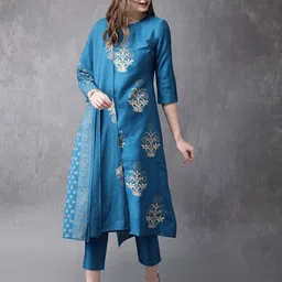 Anouk Women Blue Printed Kurta with Trousers & Dupatta-17