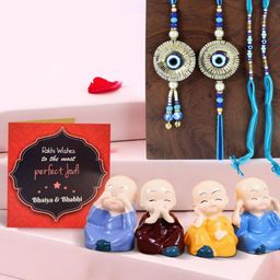 TIED RIBBONS Set of 4 Evil Eye Rakhi With Monk Buddha Idol Greeting Card Set-image-16
