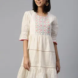 SERONA FABRICS Off White Floral Embroidered Cotton Ethnic A-Line Ethnic Dress-image-32