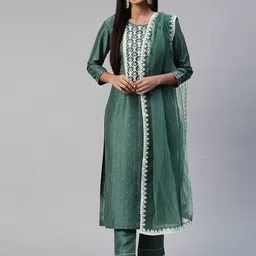 SheWill Women Green Embroidered Sequinned Kurta with Trousers & Dupatta-image-66