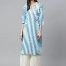YASH GALLERY Women Blue & White Striped Straight Gotta Patti Kurta-image-68