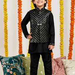 VASTRAMAY Boys Mandarin Collar Regular Straight Kurta With Pyjama With Nehru Jacket-55