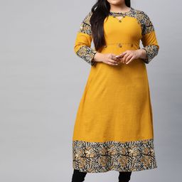 YASH GALLERY Women Plus Size Mustard Yellow Ethnic Printed Detail Keyhole Neck Kurta-55
