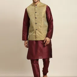 SOJANYA Men Maroon &Beige Ethnic Motifs Jacquard Kurta with Churidar-picture-39