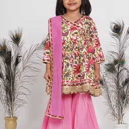 Little Bansi Girls Pink & White Printed Angrakha Kurta with Palazzos & With Dupatta-image-50