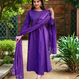 Aaghnya Women Ethnic Motifs Printed Thread Work Kurta with Palazzos & Dupatta-image-3