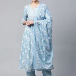 MEERA FAB Women Blue Floral Printed Pure Cotton Kurta with Trousers & Dupatta-52