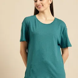 Triumph Women Teal Green Solid Knitted Lounge Tshirts-55