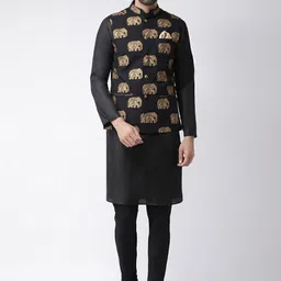 KISAH Men Black & Gold-Coloured Printed Woven Nehru Jacket-picture-10