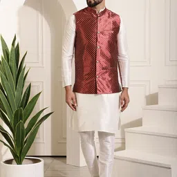 SOJANYA Men Off-White Self Design Kurta Set & Nehru Jacket-picture-22