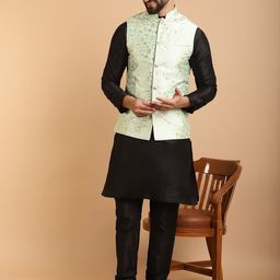 SOJANYA Men Black & Turquoise Blue Kurta Set & Nehru Jacket-picture-31