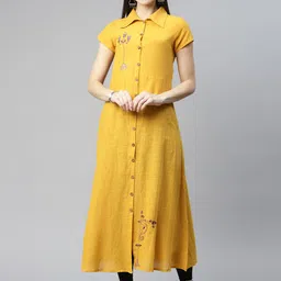 IRIDAA JAIPUR Mustard Yellow Floral Embroidered Thread Work A-Line Kurta-image-25