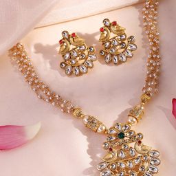 ADIVA 22K Gold-Plated Peacock Kundan Stone Pearl & Beaded Jewellery Set-image-97