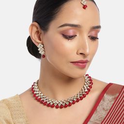 ASMITTA JEWELLERY Women Maroon & Gold-Toned Kundan Beaded Necklace Set with Mang Tika-34