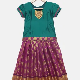 Baby Lakshmi Girls Teal Blue & Pink Ready to Wear Pattu Pavadai-image-54